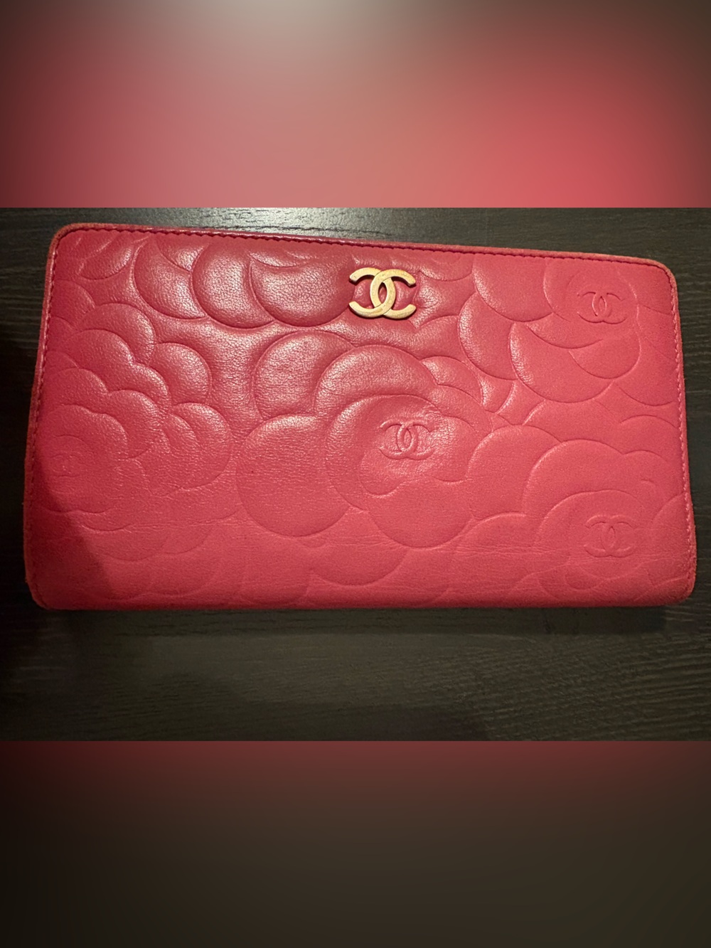CHANEL Pink Camellia Quilted Long Wallet with Gold CC